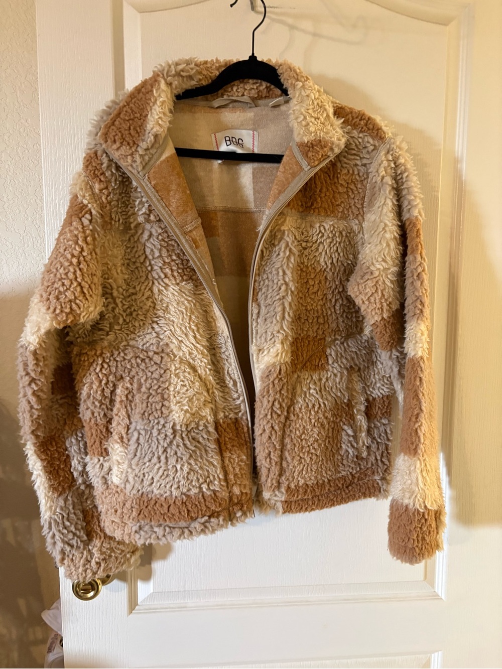 BDG Patchwork Sherpa Jacket in Beige & Tan